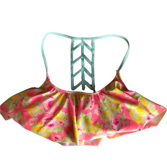 Pink Victorias Secret Swim Suit Top Pink Yellow Padding Overlay Size Medium - Picture 1 of 4